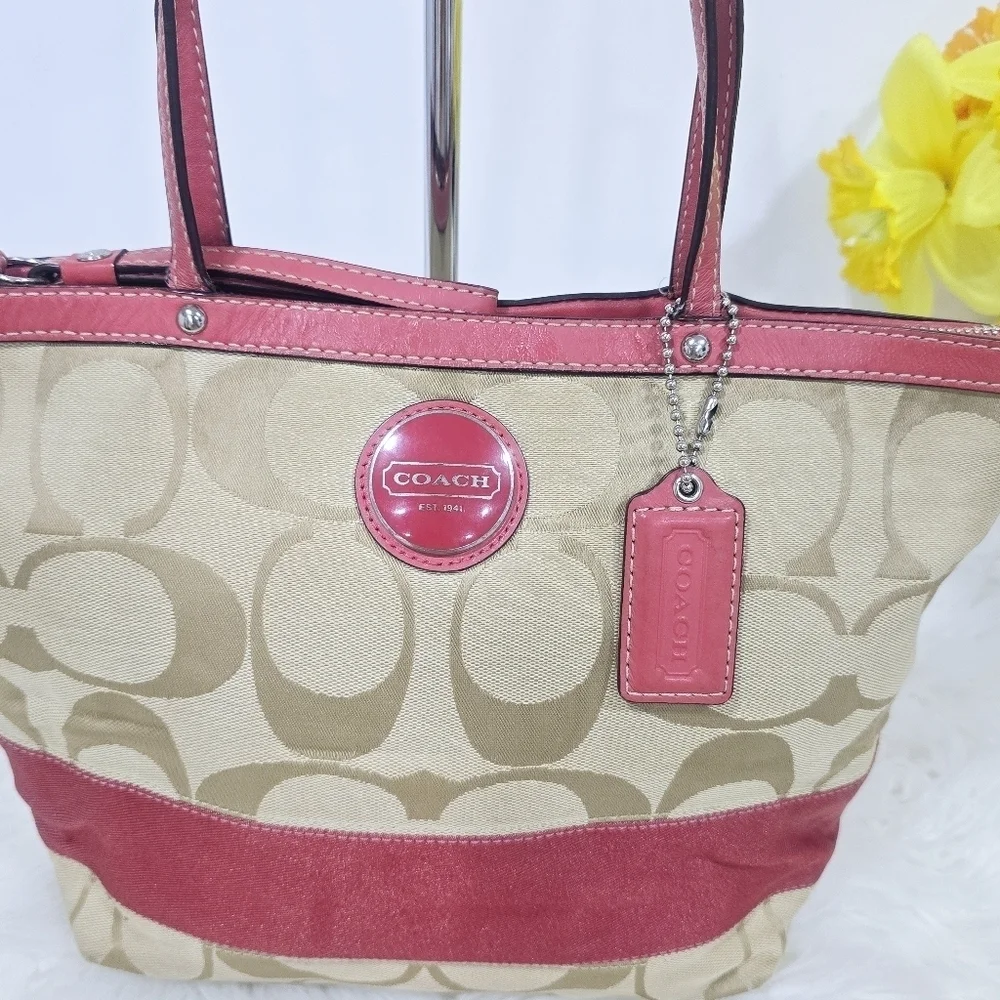 Coach Signature stripe totebag tan and pink